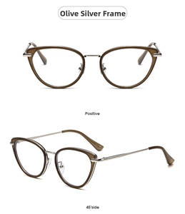 Cat-eye glasses frame with olive green rims and silver metal temples in two angles