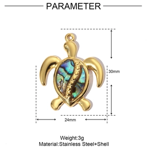 Detailed size parameters of a gold stainless steel turtle pendant with shell inlay