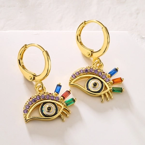 18K gold plated copper evil eye earrings with colorful zircon inlay on white background