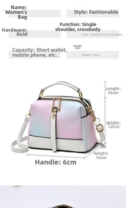 Detailed view of ombre gradient crossbody bag with gold hardware and size dimensions