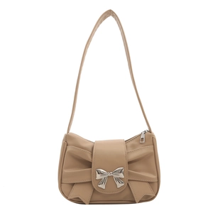 Khaki pleated underarm bag with large bow design and metal buckle detail for women