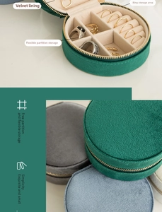Macro shot of circular velvet jewelry box with ring slots and metal zipper detail