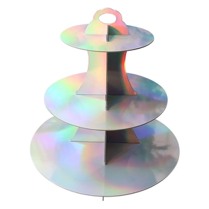 Three-tier holographic silver cardboard cupcake stand with rainbow reflective surface