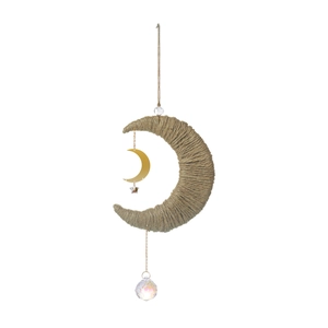 Handmade crescent moon wind chime with woven hemp rope, gold metal pendant and crystal ball