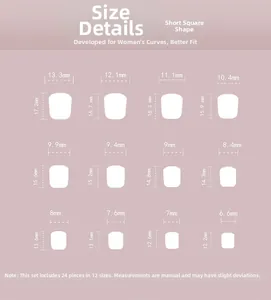 Detailed size chart for 24pcs milky white short square press-on nails with 12 sizes