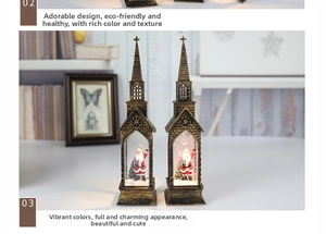 Close-up of retro church-style Christmas water lanterns with Santa and glitter detail