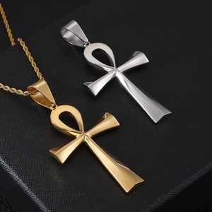 Polished stainless steel Egyptian Ankh cross pendants in gold and silver finishes