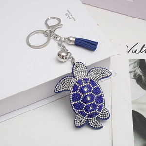 Blue turtle rhinestone keychain with fringe tassel and silver metal keyring and lobster clasp