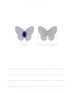 Vue détaillée des boucles d'oreilles papillon en argent S925 avec dimensions et pierres bleues