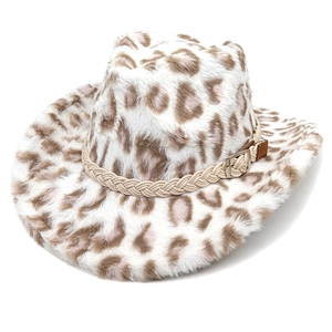 Plush leopard print western cowboy hat with woven rope band and metal buckle