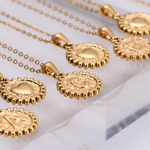 18k gold plated stainless steel initial disc necklace with hammered heart pendant