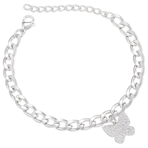 Detailed macro shot of a silver butterfly charm bracelet with micro-pave cubic zirconia
