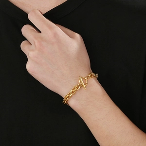 Mens gold double-layer Cuban link bracelet with OT toggle clasp and layered chain design