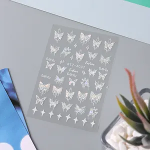 Detail view of 3D holographic silver butterfly nail art stickers model STZ-X037 for manicure