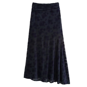 Gonna lunga in tulle floccato blu scuro con motivo floreale e orlo irregolare