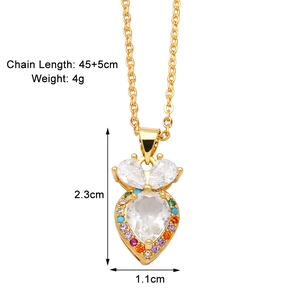 Detail view of a gold-tone fruit pendant necklace with technical size specifications