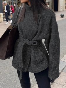Giacca Cappotto Elegante Da Donna In Misto Lana Testurizzato Con Cintura Manica Lunga Revers Stile Pendolare 2025