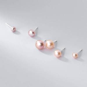 Minimalist 999 sterling silver stud earrings with pink freshwater pearls in various sizes