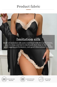 Detail of luxury satin sleepwear set with beige lace trim and fabric care instructions