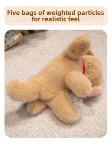 Detail of weighted particles inside a plush Labrador toy for a realistic heavy feel