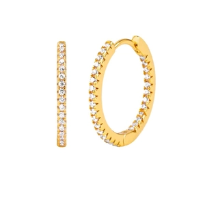 Close-up of 18K gold hoop earrings featuring micro-pave white cubic zirconia stones