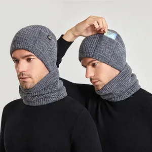 Men Knit Hat And Neck Warmer Winter Fleece Lined Acrylic Warm Windproof Ribbed Beanie With Decorative Button Pocket