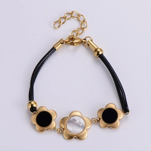 18k gold plated stainless steel flower bracelet with black rope and mother of pearl