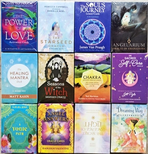 Macro view of various Oracle card decks including Sea Soul Journey and Soul's Journey sets