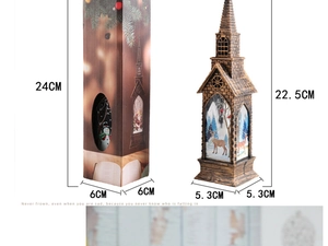 Detailed size comparison of retro church LED lantern and its packaging box in bronze finish
