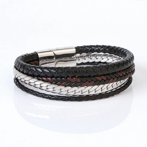 Multilayer leather bracelet with black and brown braided cords and magnetic steel clasp