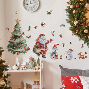 Autocollants Muraux Noël Père Noël Bonhomme De Neige Arbre Écureuil Aquarelle PVC Décalcomanies Chambre D'Enfant