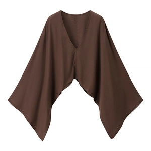 Detailed view of the dark brown V-neck batwing blouse featuring textured cotton linen fabric