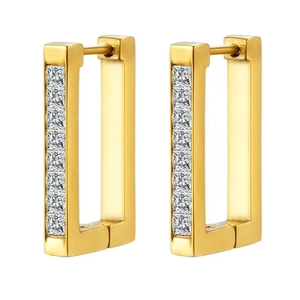 Elegant 18K gold rectangular hoop earrings with pavé white zircon stones for women