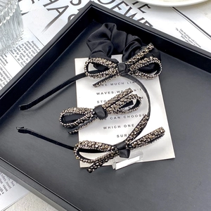 Luxury Satin Bowknot Hair Accessories Set Elegant Full Rhinestone Black Scrunchie Headband Hair Clip For Women Daily Party