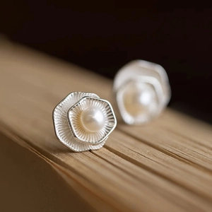 Double-layered geometric lotus earrings with pearls and silver finish for women