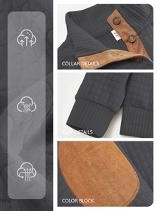 Detail views of collar, cuffs, and color block patches on dark grey knit sweatshirt