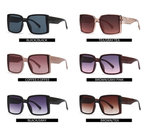 Detail view of large square acetate sunglasses showing six color variants in a grid layout