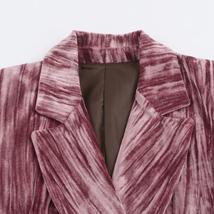 Front view of purple velvet blazer with shawl lapels and textured corduroy vertical stripes