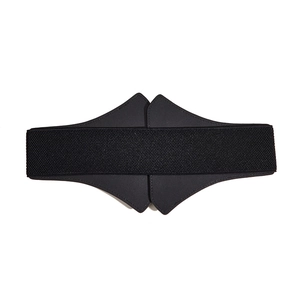 Close-up of black elastic waist belt made of PU leather and stretchy fabric for dresses