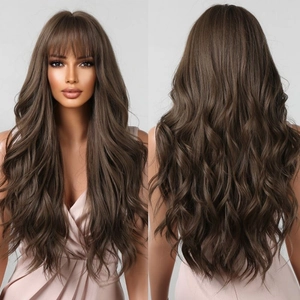 Front and back view of long wavy dark brown wig with bangs and voluminous curls