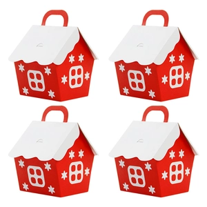 Christmas Red House Shape Candy Box European Style Cardboard Gift Packaging Box With Handle For Holiday Party Favors