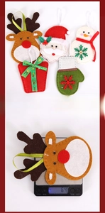 Christmas felt ornaments featuring Santa and Reindeer designs with a 6.4g weight display