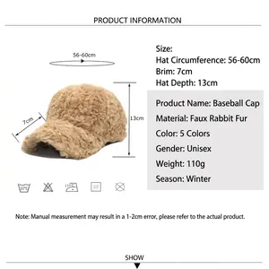 Plush faux rabbit fur baseball cap for winter, khaki warm hat with 56-60cm size guide