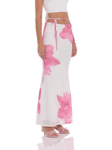 Women Floral Print Mesh Maxi Skirt Elegant Side Tie Slim Fit Polyester Spandex Draped Fishtail Vacation Sexy