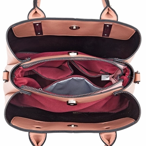 Large capacity dusty pink soft leather handbag with organized multi-compartment interior