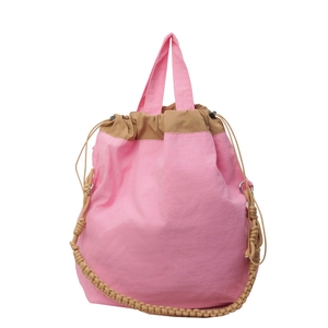 Secchiello in nylon rosa e marrone con trama plissettata e dettagli in corda intrecciata