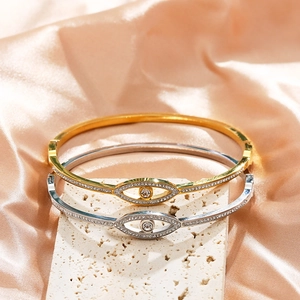 Stainless Steel Evil Eye Pave Rhinestone Bangle For Women Gold Silver Rose Gold Plated Fashion Jewelry Eye Hinged Cuff
