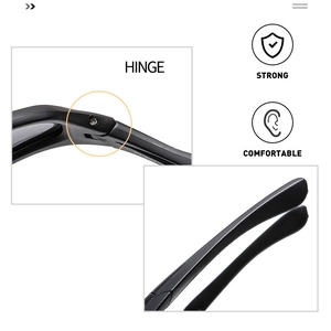 Detail view of strong metal hinge and comfortable curved temple on black sport sunglasses