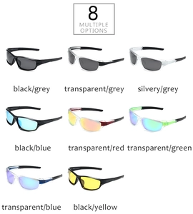 Eight options for polarized sports sunglasses with different color lenses and plastic frames