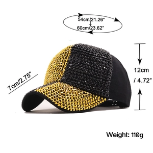 Detail showing rhinestone baseball cap with dimensions 54-60cm circumference and 7cm brim